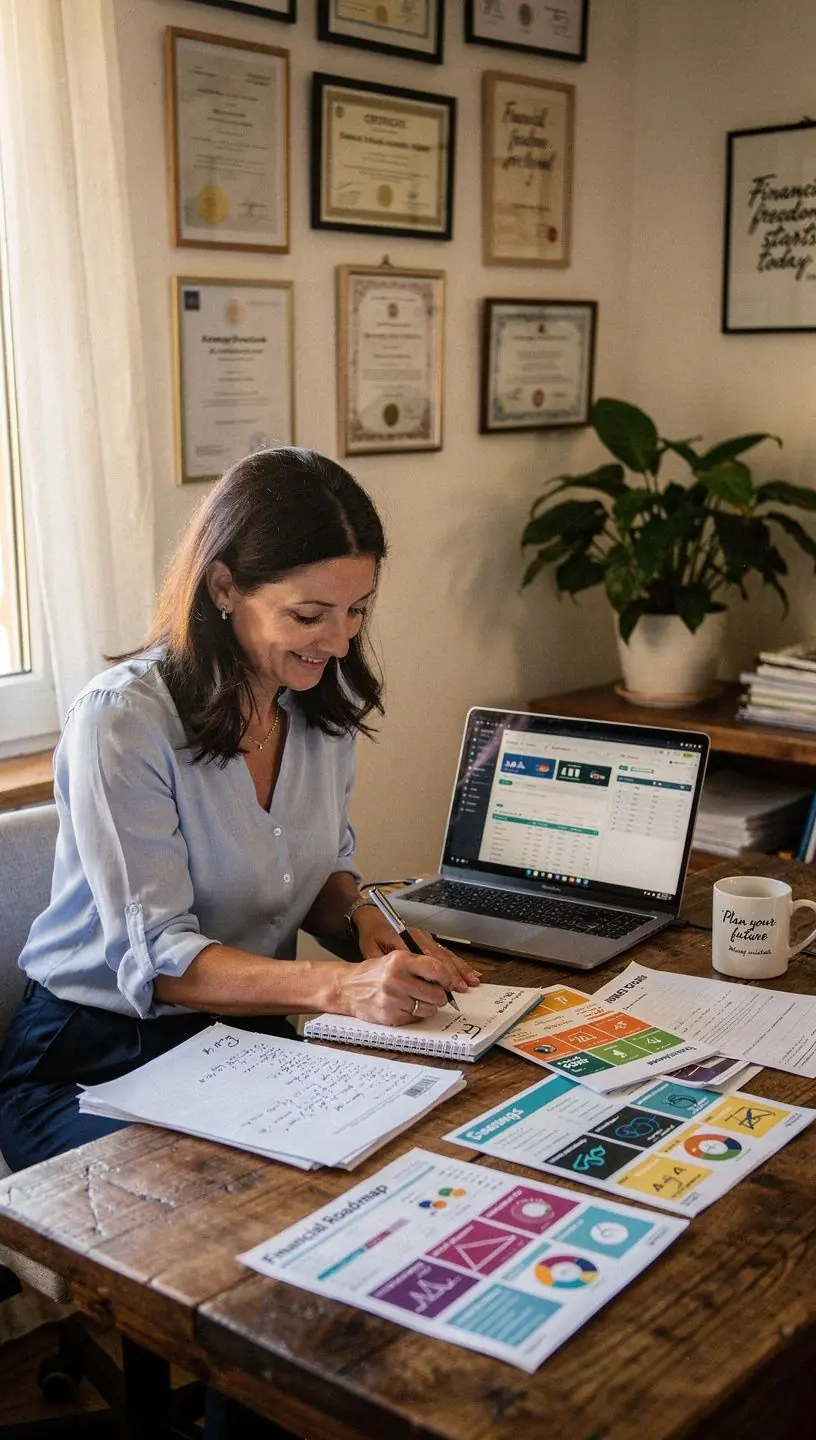 Egyszerű, lépésről lépésre haladó pénzügyi tervezési folyamat grafikája, amely segít az olvasóknak reális célokat kitűzni és elérni.